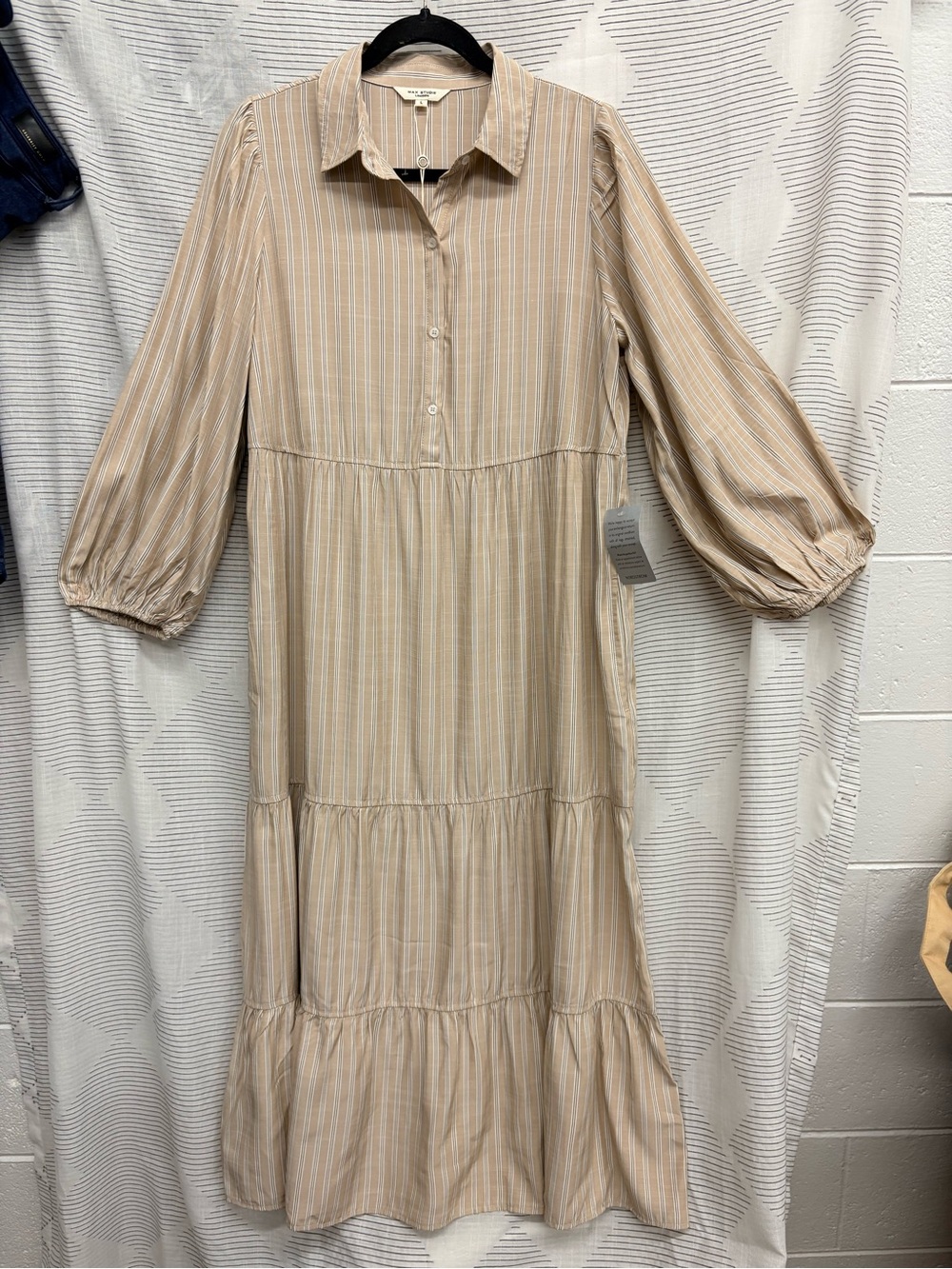 Lagenlook Boho Modest Minimalist Prairie Beige Stripe Tiered Maxi Shirt Dress